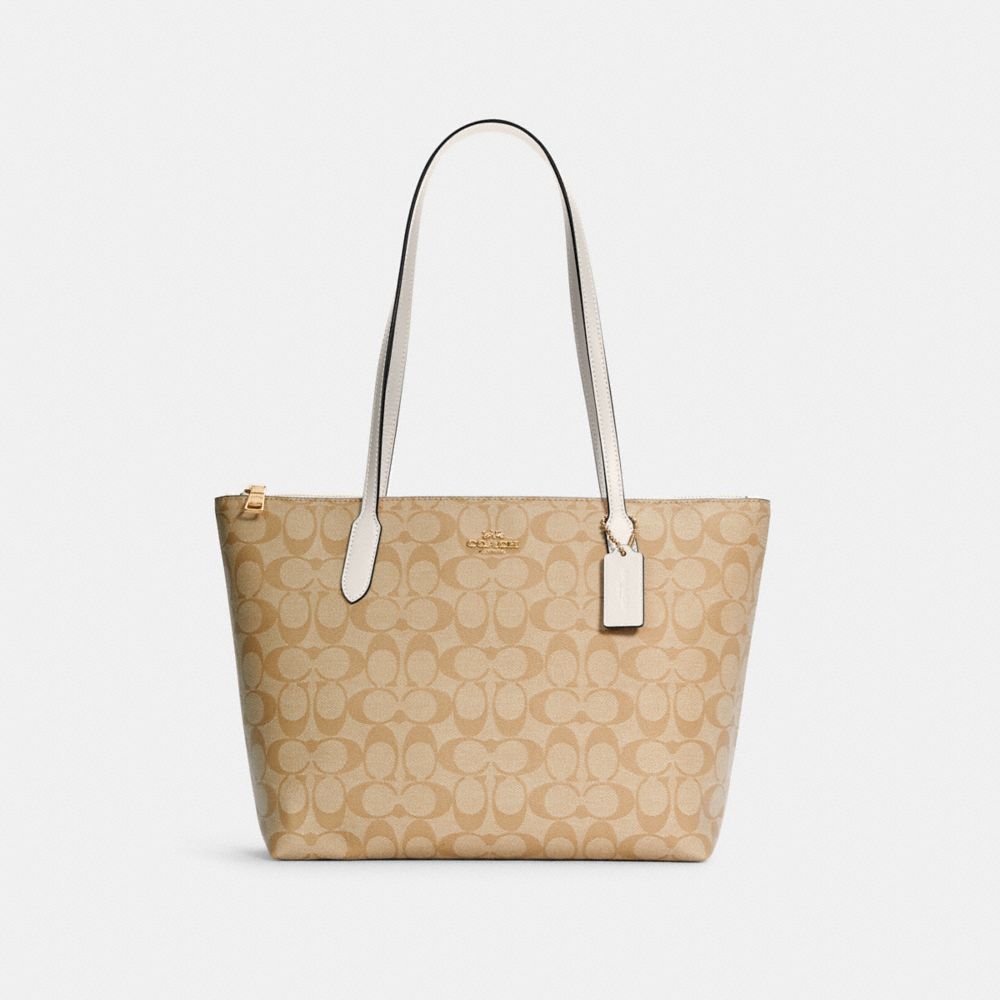 COACH®,ZIP TOP TOTE BAG IN SIGNATURE CANVAS,Signature Canvas,Large,Everyday,Gold/Light Khaki Chalk,Front View