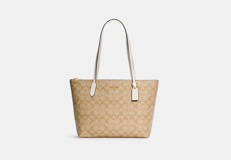COACH®,ZIP TOP TOTE IN SIGNATURE CANVAS,pvc,Everyday,Gold/Light Khaki Chalk,Front View