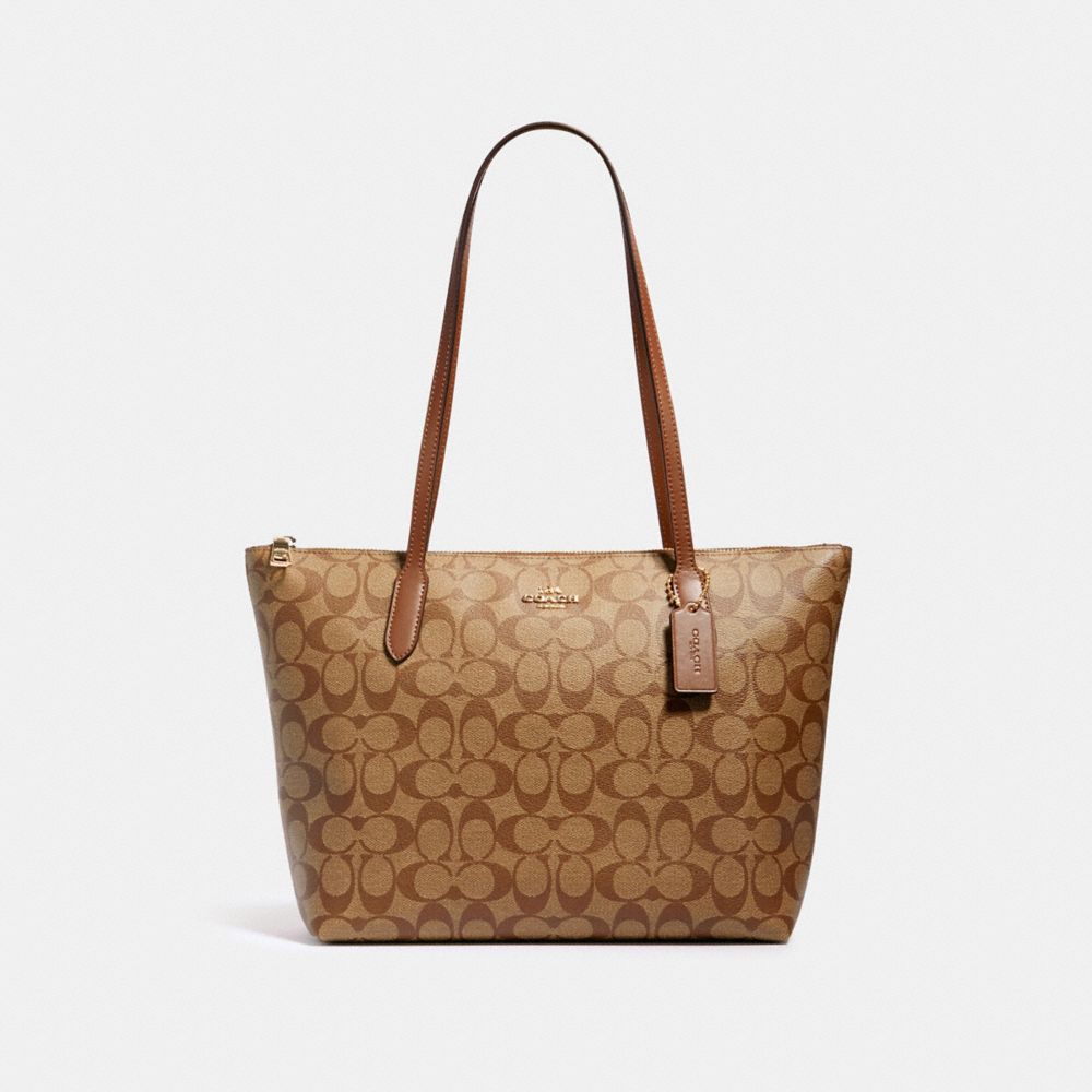 COACH®,ZIP TOP TOTE BAG IN SIGNATURE CANVAS,Signature Canvas,Large,Everyday,Gold/Khaki Saddle 2,Front View