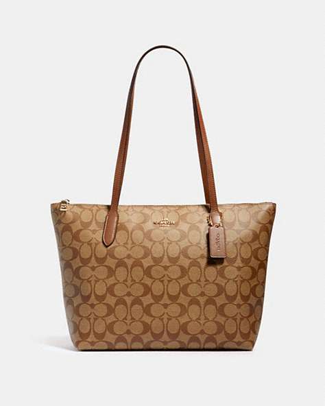 COACH®,ZIP TOP TOTE IN SIGNATURE CANVAS,pvc,Everyday,Gold/Khaki Saddle 2,Front View