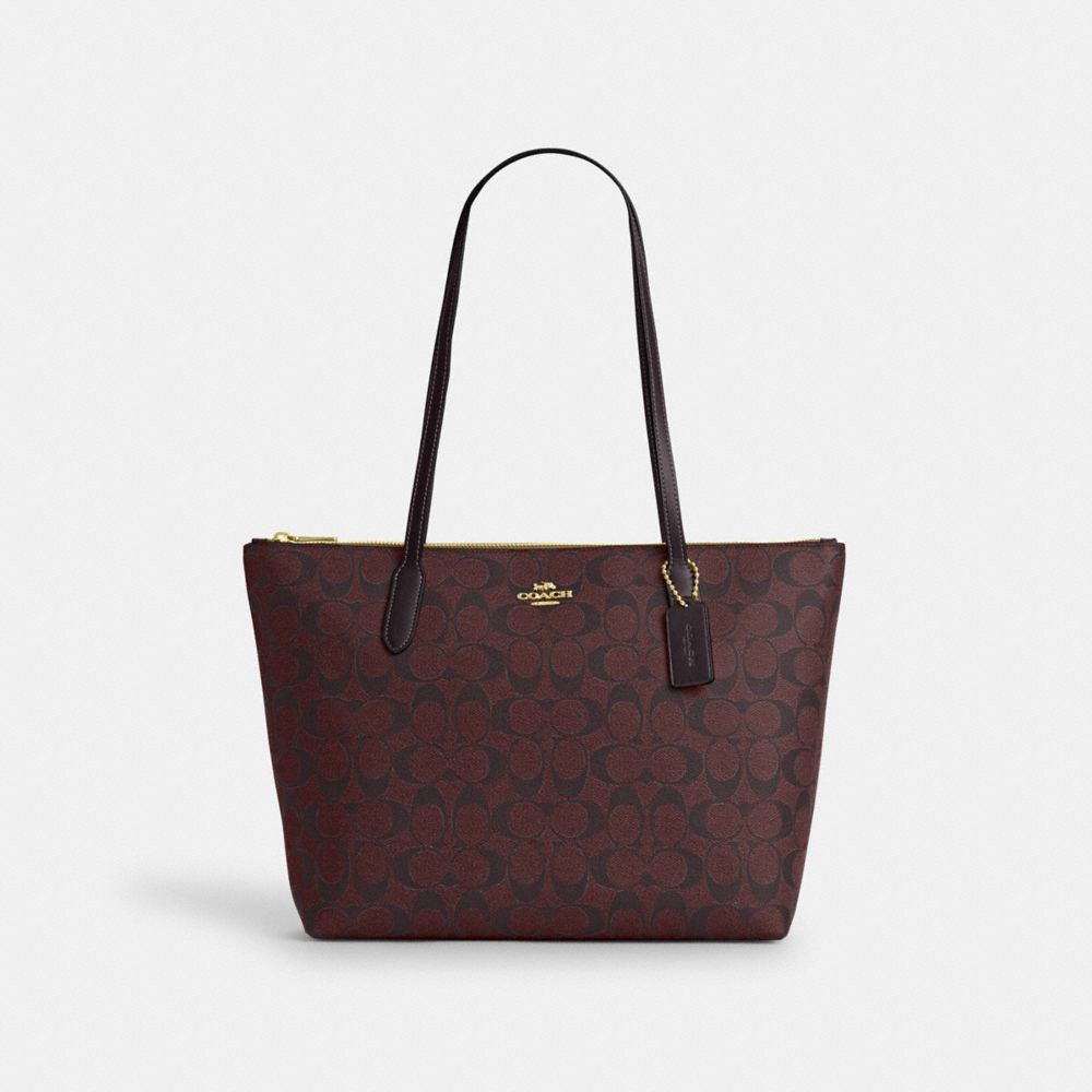 COACH®,ZIP TOP TOTE BAG IN SIGNATURE CANVAS,Signature Canvas,Large,Everyday,Gold/Oxblood Multi,Front View