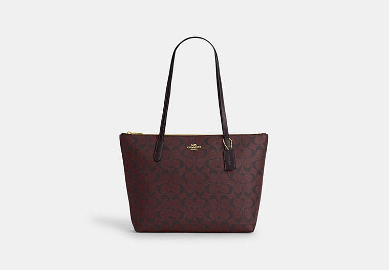 COACH®,ZIP TOP TOTE IN SIGNATURE CANVAS,pvc,Large,Everyday,Gold/Oxblood Multi,Front View