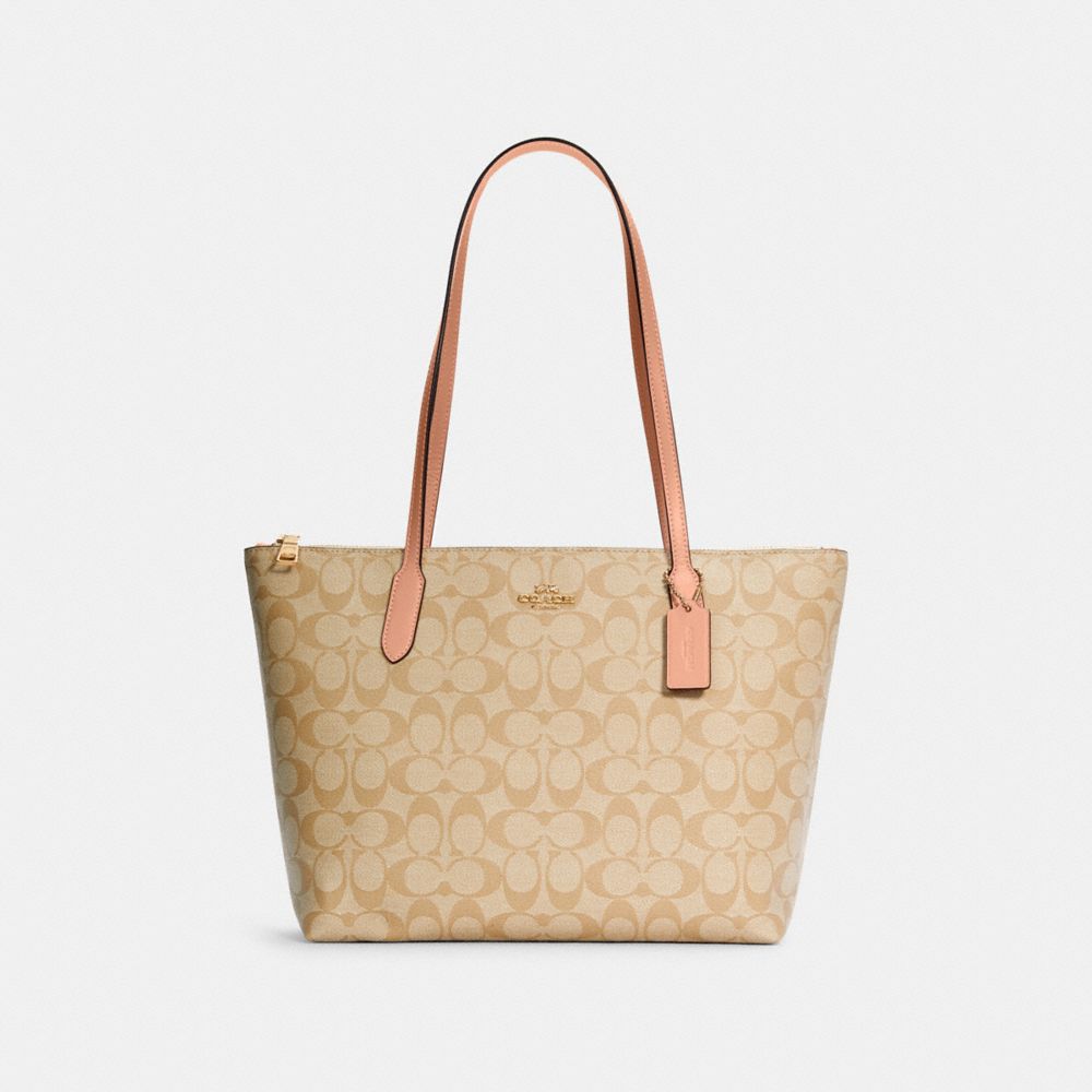 COACH®,ZIP TOP TOTE BAG IN SIGNATURE CANVAS,Signature Canvas,Large,Everyday,Gold/Light Khaki/Faded Blush,Front View