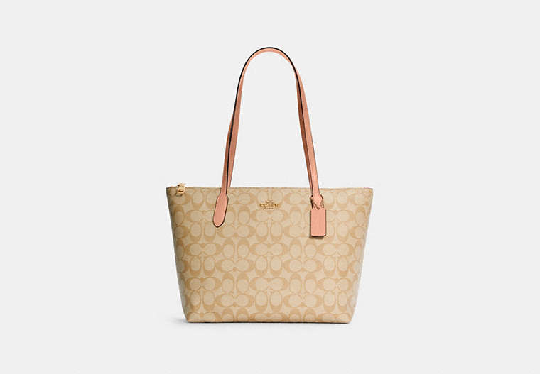 COACH®,ZIP TOP TOTE BAG IN SIGNATURE CANVAS,pvc,Large,Everyday,Gold/Light Khaki/Faded Blush,Front View