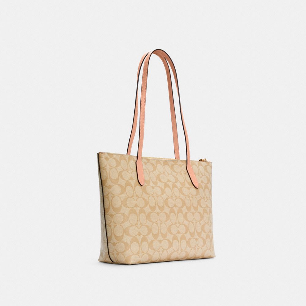 COACH®,ZIP TOP TOTE BAG IN SIGNATURE CANVAS,Signature Canvas,Large,Everyday,Gold/Light Khaki/Faded Blush,Angle View