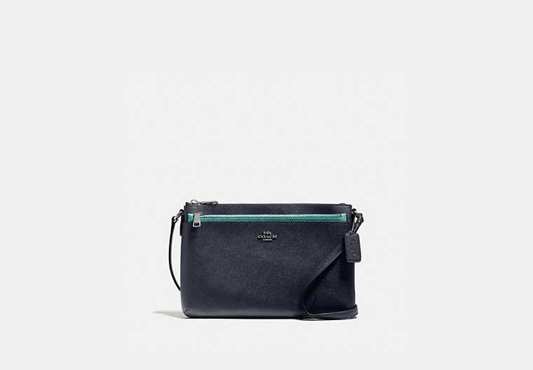 COACH®,EAST/WEST CROSSBODY WITH POP-UP POUCH WITH FLAMINGO PRINT,Coated Canvas,Mini,Silver/Midnight Multi,Front View