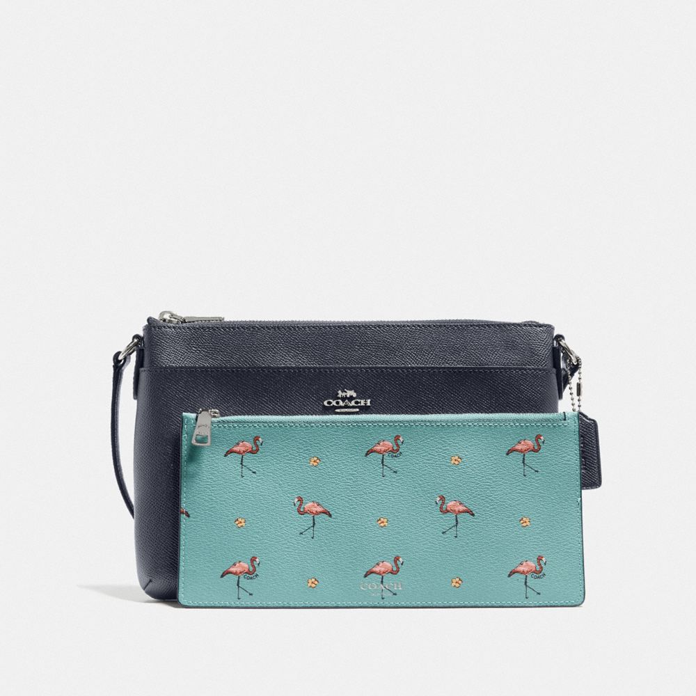 COACH®,EAST/WEST CROSSBODY WITH POP-UP POUCH WITH FLAMINGO PRINT,Coated Canvas,Mini,Silver/Midnight Multi,Closer View
