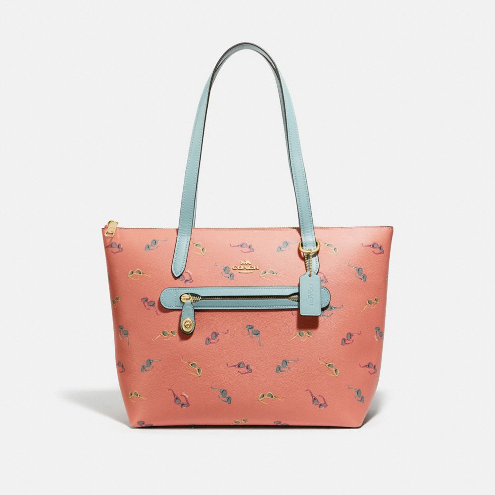 COACH®,TAYLOR TOTE WITH SUNGLASSES PRINT,Coated Canvas,Medium,Gold/Light Coral Multi,Front View