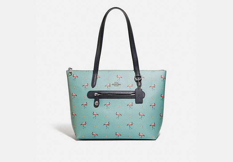 COACH®,TAYLOR TOTE WITH FLAMINGO PRINT,Coated Canvas,Medium,Silver/Aquamarine Multi,Front View