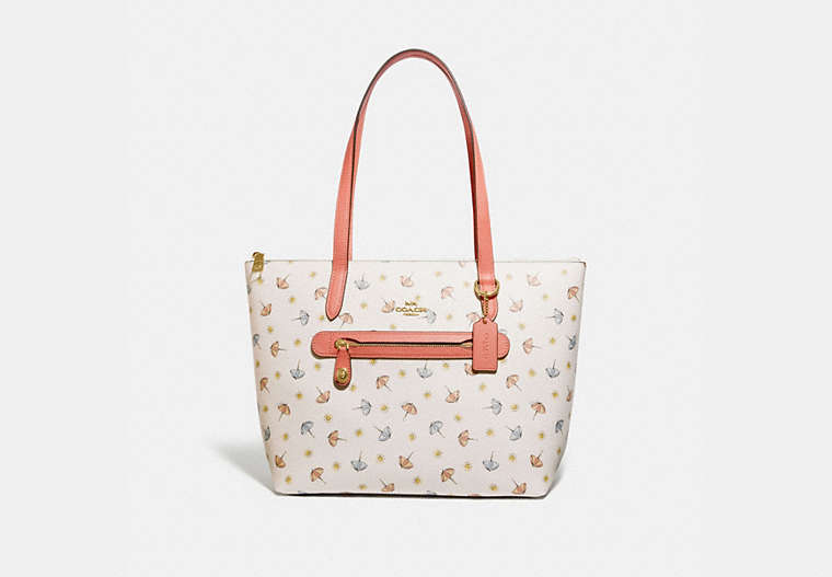 COACH®,TAYLOR TOTE WITH UMBRELLA PRINT,Coated Canvas,Medium,Gold/Chalk Multi/Light Coral,Front View