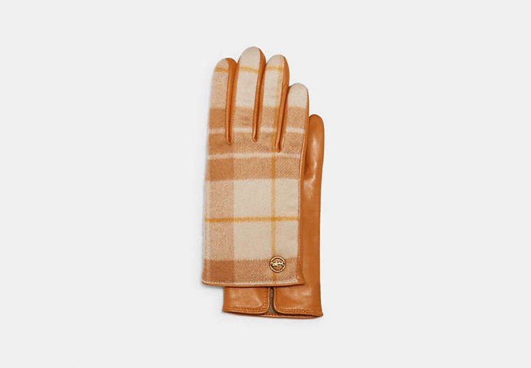 COACH®,HORSE AND CARRIAGE PLAQUE LEATHER TECH GLOVES WITH WINDOWPANE PLAID PRINT,Leather,Tan/Orange,Front View
