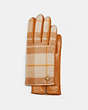 COACH®,HORSE AND CARRIAGE PLAQUE LEATHER TECH GLOVES WITH WINDOWPANE PLAID PRINT,Leather,Tan/Orange,Front View