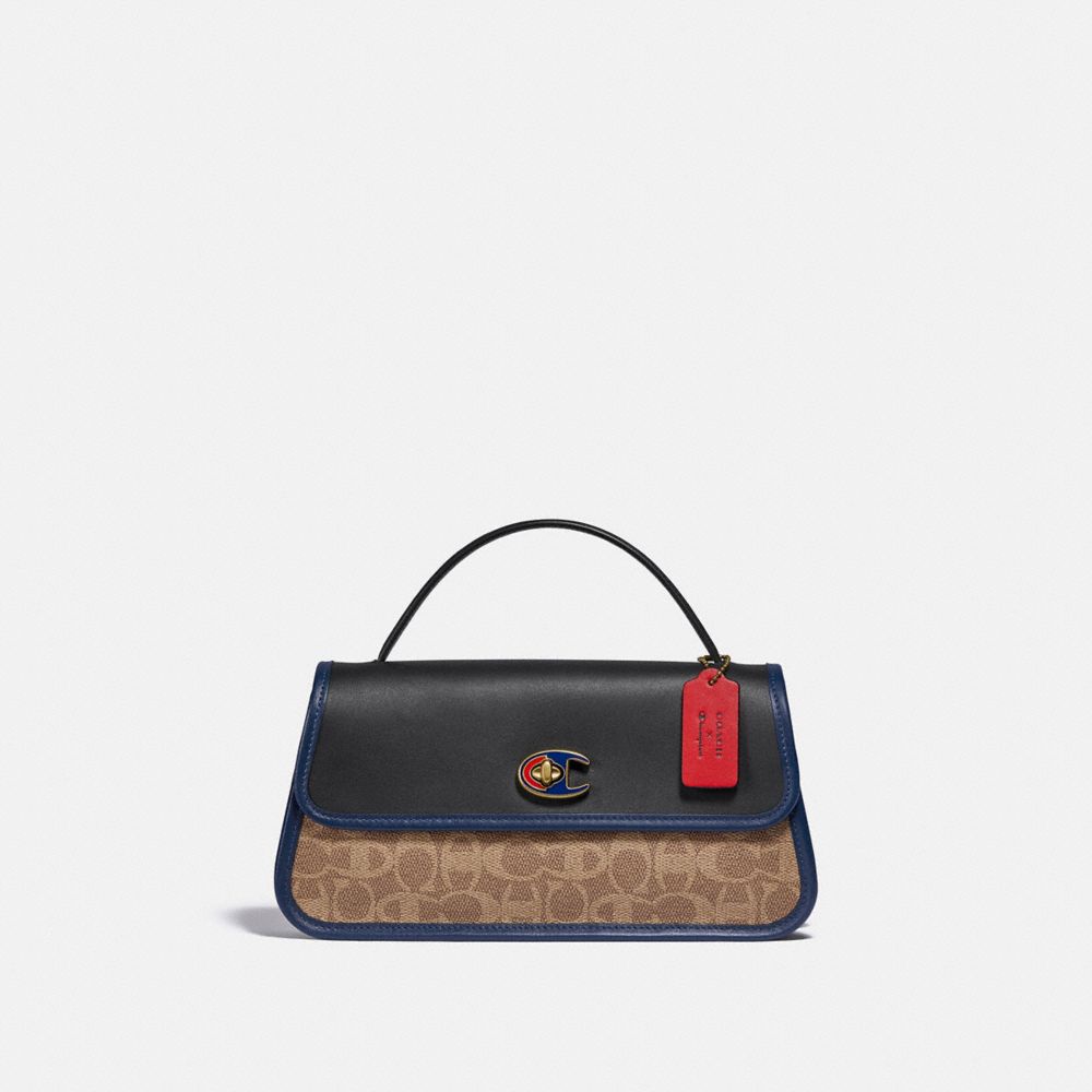 Brass Tan Black Coach X Champion Turnlock Clutch In Signature Canvas