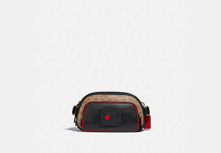 COACH®,COACH X CHAMPION BELT BAG IN SIGNATURE CANVAS,Signature Coated Canvas/Smooth Leather,Small,OL/Khaki Multi,Front View