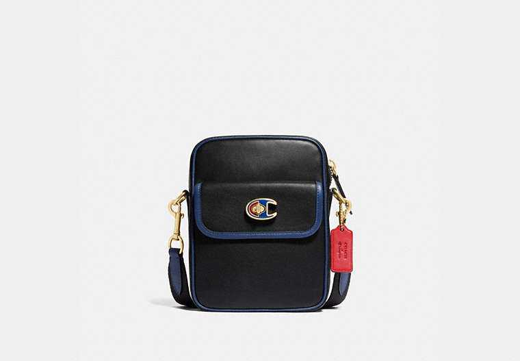 COACH®,COACH X CHAMPION DYLAN 15,Smooth Leather,Small,Brass/Black,Front View image number 0