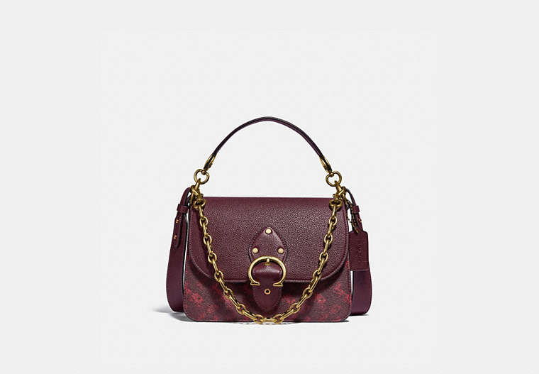 COACH®,BEAT SHOULDER BAG WITH HORSE AND CARRIAGE PRINT,Coated Canvas,Medium,Brass/Oxblood Cranberry,Front View