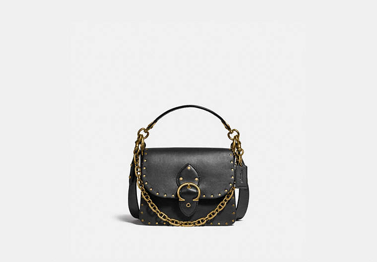 COACH®,BEAT SHOULDER BAG 18 WITH RIVETS,Smooth Leather,Small,Brass/Black,Front View