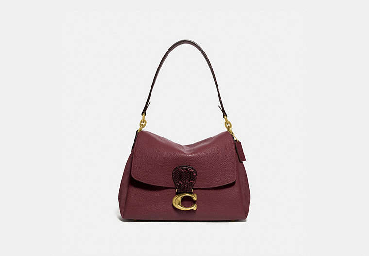 COACH®,MAY SHOULDER BAG WITH SNAKESKIN DETAIL,Pebble Leather/Suede/Exotic,Medium,Brass/Wine,Front View