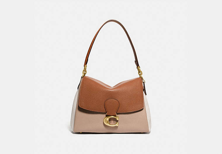 COACH®,MAY SHOULDER BAG IN COLORBLOCK,Pebble Leather,Medium,Brass/Vintage Khaki Multi,Front View