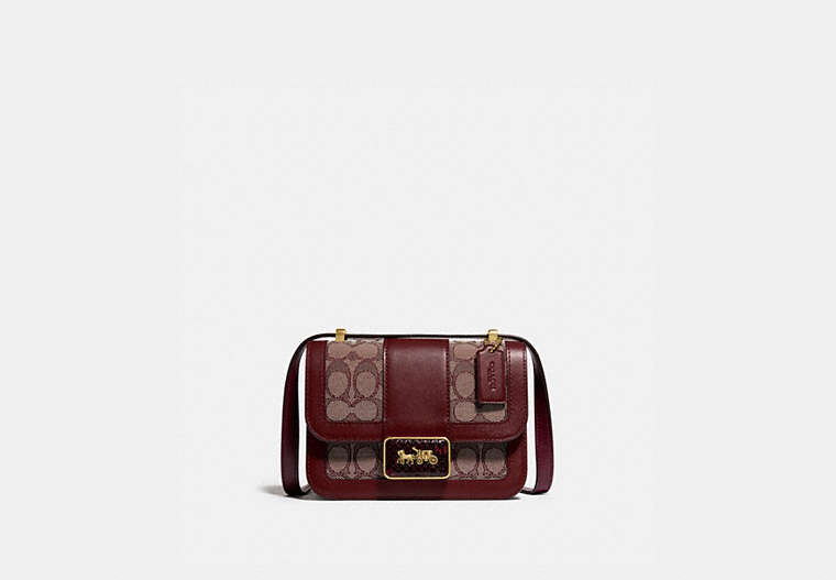 COACH®,ALIE SHOULDER BAG 18 IN SIGNATURE JACQUARD WITH SNAKESKIN DETAIL,Jacquard/Smooth Leather,Medium,Brass/Burgundy Blk Cherry,Front View