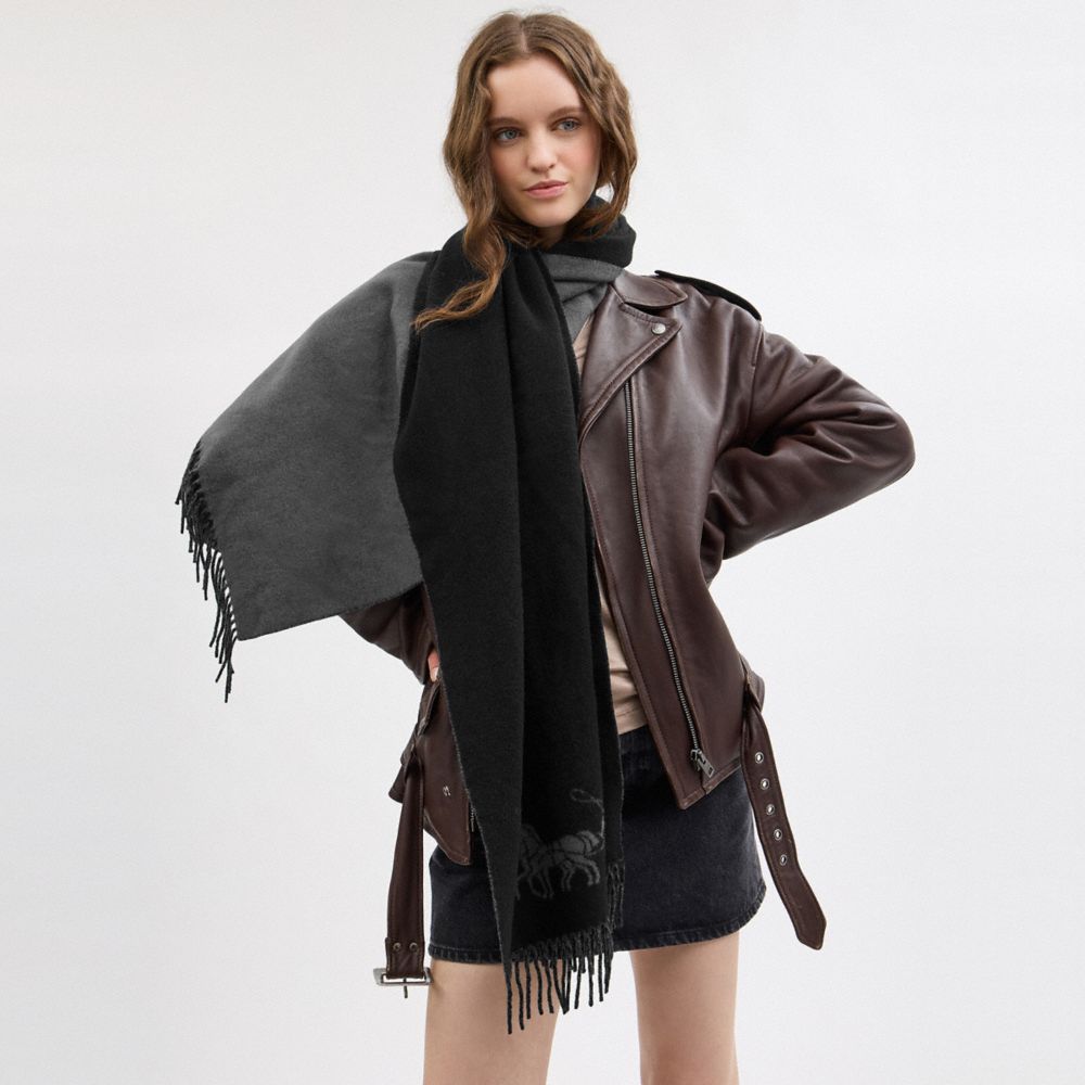 COACH®,Horse And Carriage Double Face Oversized Muffler,Wool,Rectangle,Fringe,Color Block,Casual,Black,Detail View