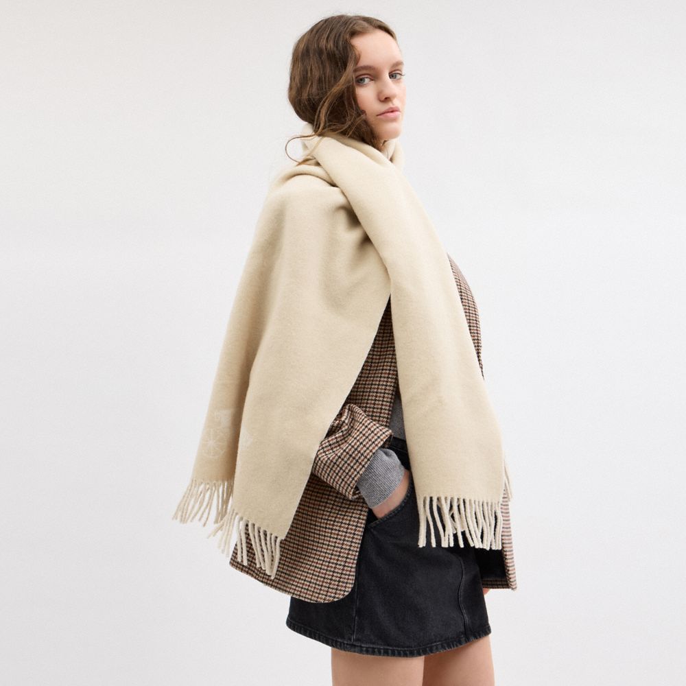 COACH®,Horse And Carriage Double Face Oversized Muffler,Wool,Rectangle,Fringe,Color Block,Casual,Beige,Detail View