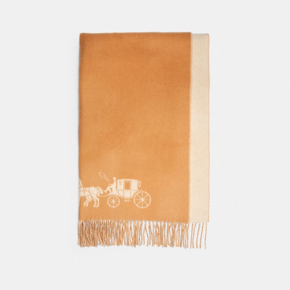 COACH®,HORSE AND CARRIAGE DOUBLE FACE OVERSIZED MUFFLER,wool,Camel/Chalk,Front View