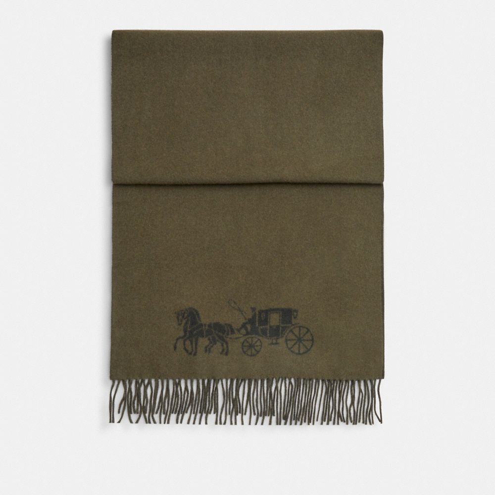 COACH®,Horse And Carriage Double Face Oversized Muffler,Wool,Rectangle,Color Block,Fringe,Casual,Olive,Front View