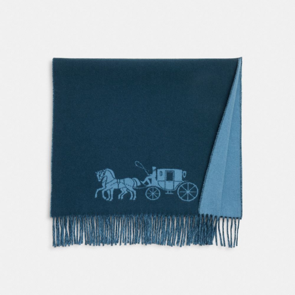COACH®,HORSE AND CARRIAGE DOUBLE FACE OVERSIZED MUFFLER,Denim/Light Mist,Angle View