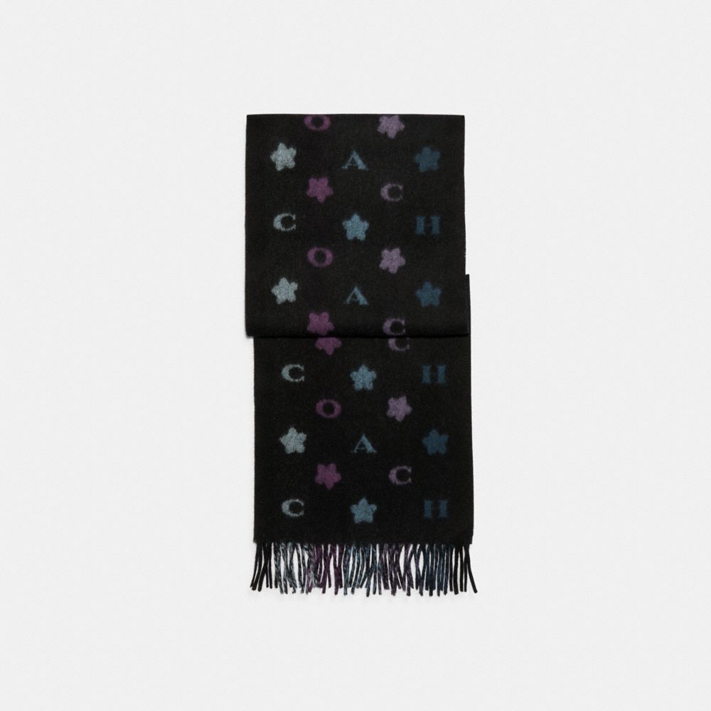 COACH®,Coach Stars Striped Print Muffler,Wool,Rectangle,Logo,Fringe,Casual,Black,Front View