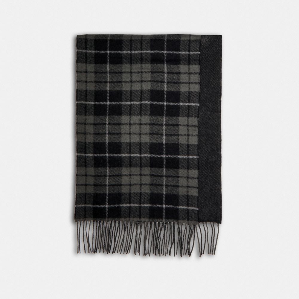 COACH®,REVERSIBLE HORSE AND CARRIAGE PLAID PRINT MUFFLER,wool,Black,Front View