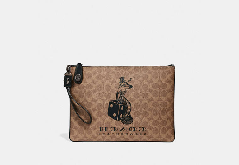 COACH®,VIPER ROOM TURNLOCK POUCH IN SIGNATURE CANVAS,Coated Canvas,KHAKI,Front View