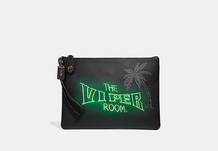 COACH®,VIPER ROOM TURNLOCK POUCH,Leather,Black,Front View