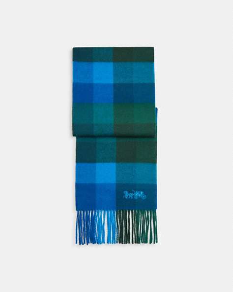 COACH®,CHECK PRINT EXTRA LONG MUFFLER,wool,Electric Blue,Front View