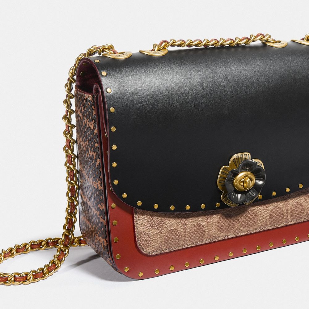 Madison shoulder bag in signature canvas with rivets and snakeskin best sale detail