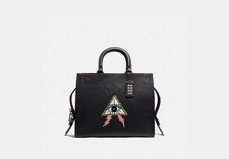 COACH®,ROGUE BAG WITH PYRAMID EYE,Leather,Large,Pewter/Black,Front View