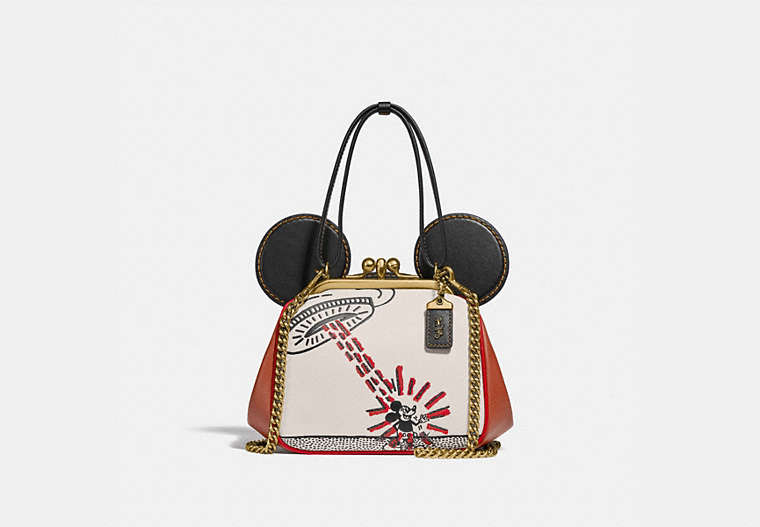 COACH®,DISNEY MICKEY MOUSE X KEITH HARING KISSLOCK BAG,Leather,Small,Brass/Chalk 1941 Saddle,Front View image number 0