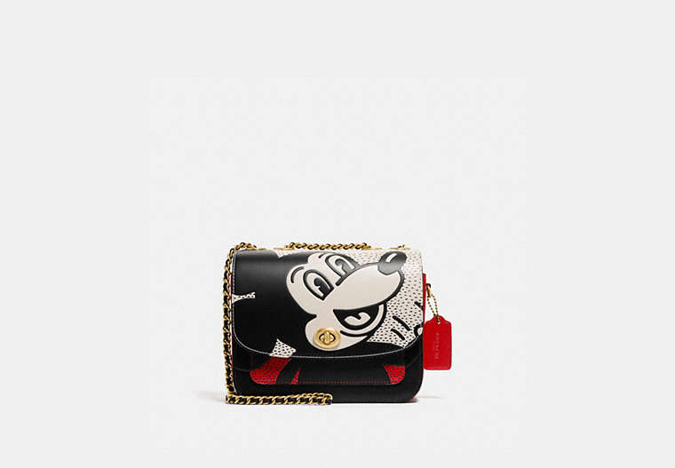 COACH®,DISNEY MICKEY MOUSE X KEITH HARING MADISON SHOULDER BAG 19,Leather,Medium,Brass/Electric Red Multi,Front View image number 0