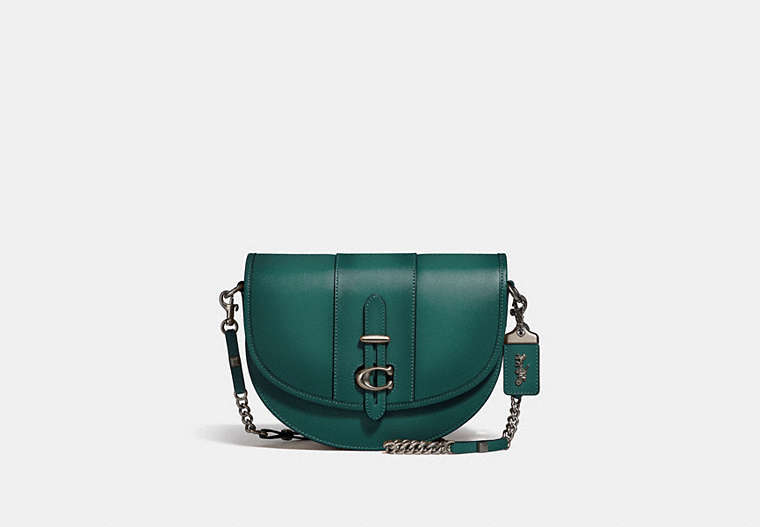 COACH®,SADDLE 24,Leather,Small,Pewter/Viridian,Front View