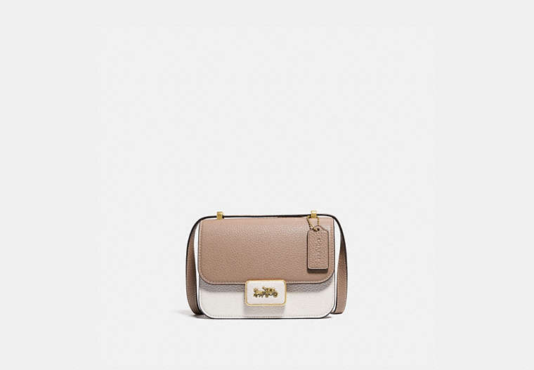 COACH®,ALIE SHOULDER BAG 18 IN COLORBLOCK,Leather,Medium,Brass/Taupe Multi,Front View