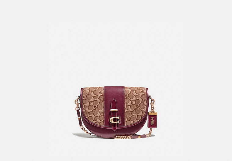 COACH®,SADDLE 24 IN SIGNATURE JACQUARD,Coated Canvas,Small,Brass/Tan/Scarlet,Front View
