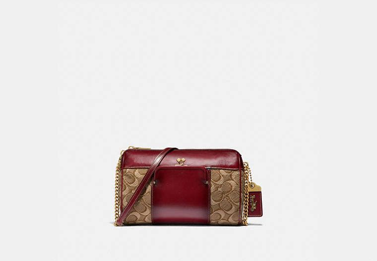 COACH®,JONI CROSSBODY IN SIGNATURE JACQUARD,Coated Canvas,Small,Brass/Tan/Scarlet,Front View