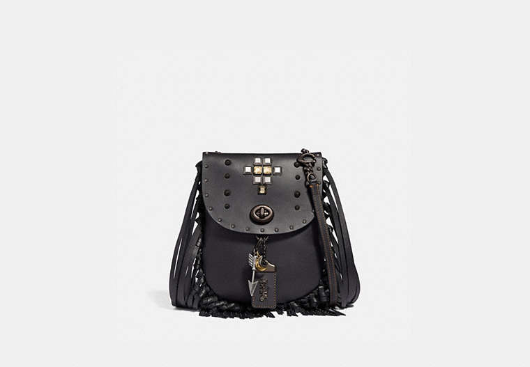 COACH®,FRINGE SADDLE BAG WITH PYRAMID RIVETS,Leather,Small,Pewter/Black,Front View