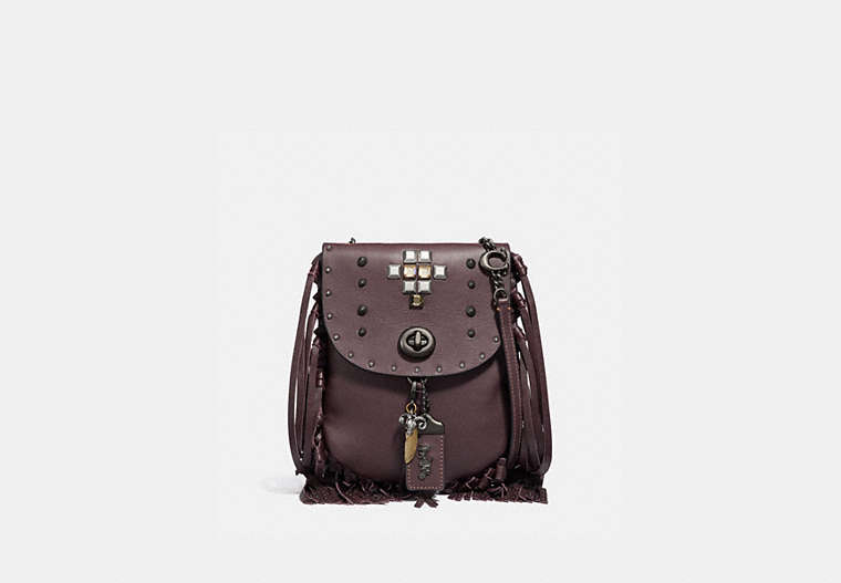COACH®,FRINGE SADDLE BAG WITH PYRAMID RIVETS,Leather,Small,Pewter/Oxblood,Front View