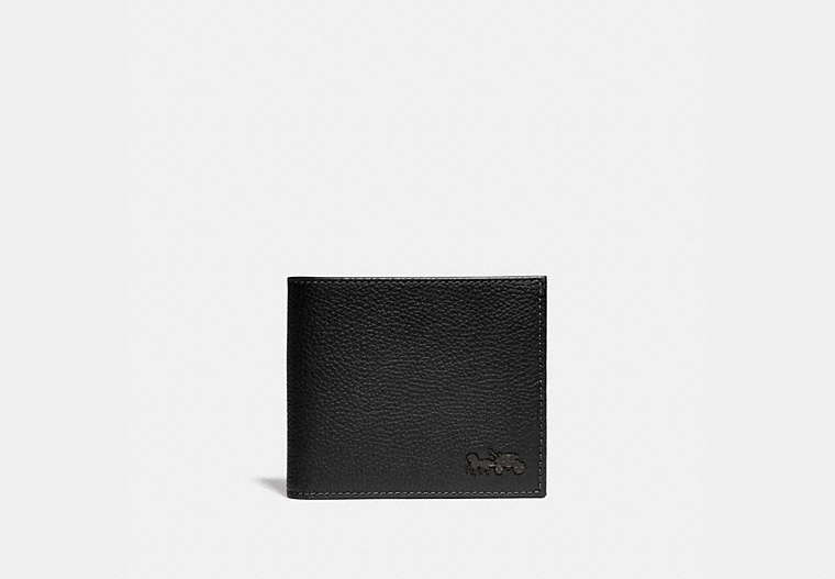 COACH®,DOUBLE BILLFOLD WALLET,Pebble Leather/Smooth Leather,Black,Front View