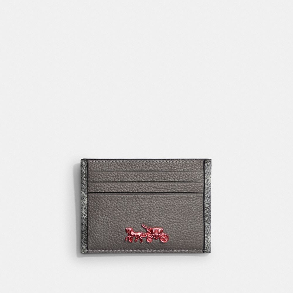 COACH®,CARD CASE WITH HORSE AND CARRIAGE PRINT,Printed Coated Canvas,GREY,Front View