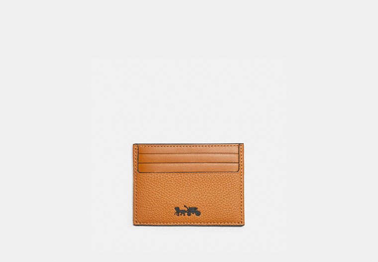COACH®,CARD CASE,Pebble Leather/Smooth Leather,Dark Amber,Front View