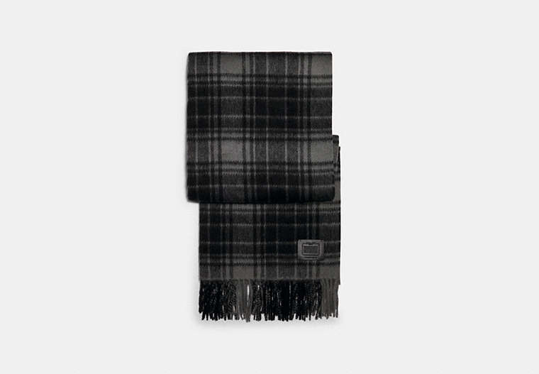 COACH®,WOOL PLAID PRINT SCARF,n/a,Charcoal,Front View