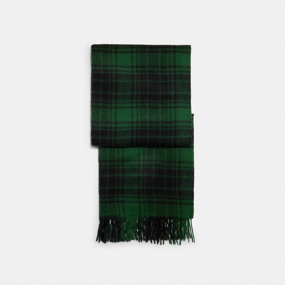 COACH®,ウール プラッド プリント スカーフ,マフラー&手袋,ﾀﾞｰｸ ｸﾞﾘｰﾝ