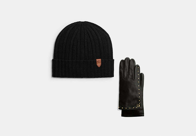 COACH®,Studded Leather Gloves & Cashmere Knit Beanie,